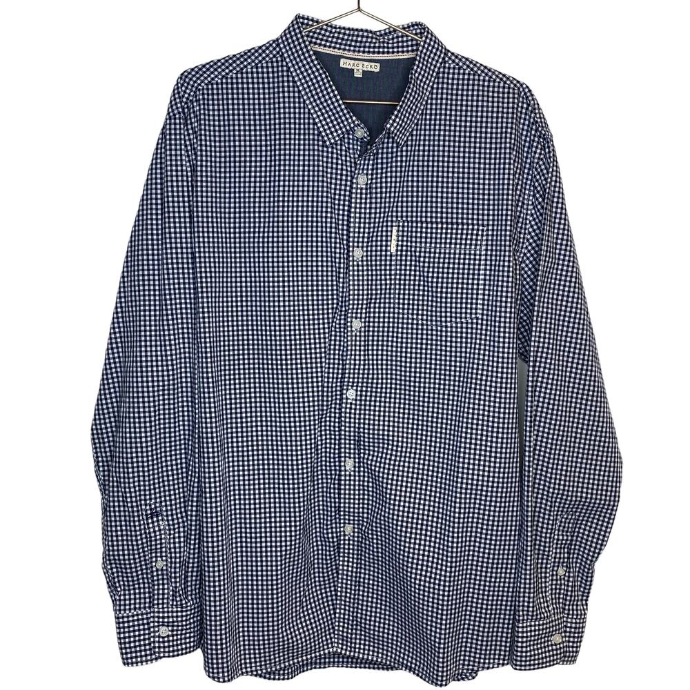 Marc Ecko Mens Size XL Cut And Sew Button Down Shirt Navy Blue White Long Sleeve